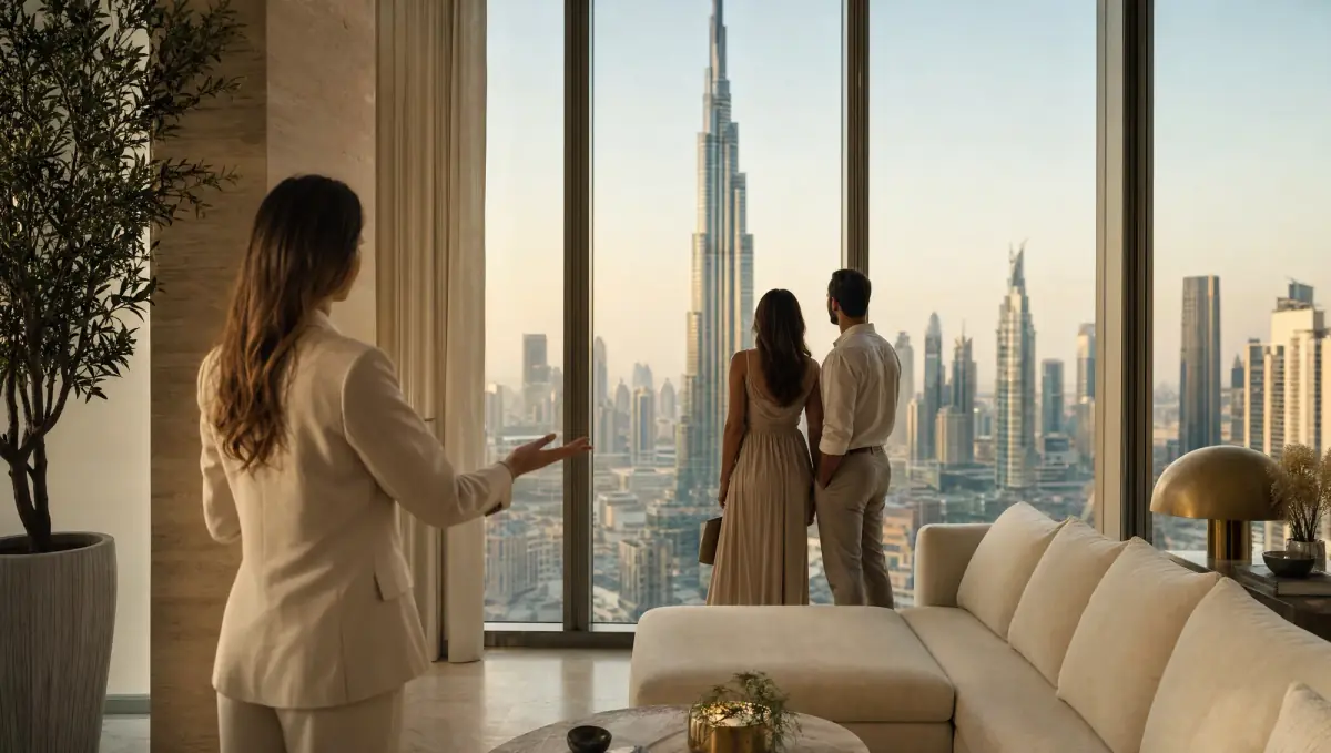 A broker shows a couple the view of the Burj Khalifa from a Downtown Dubai apartment at golden hour
