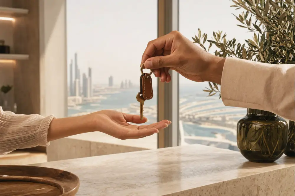 Keys handed over above a travertine counter with a view of Palm Jumeirah