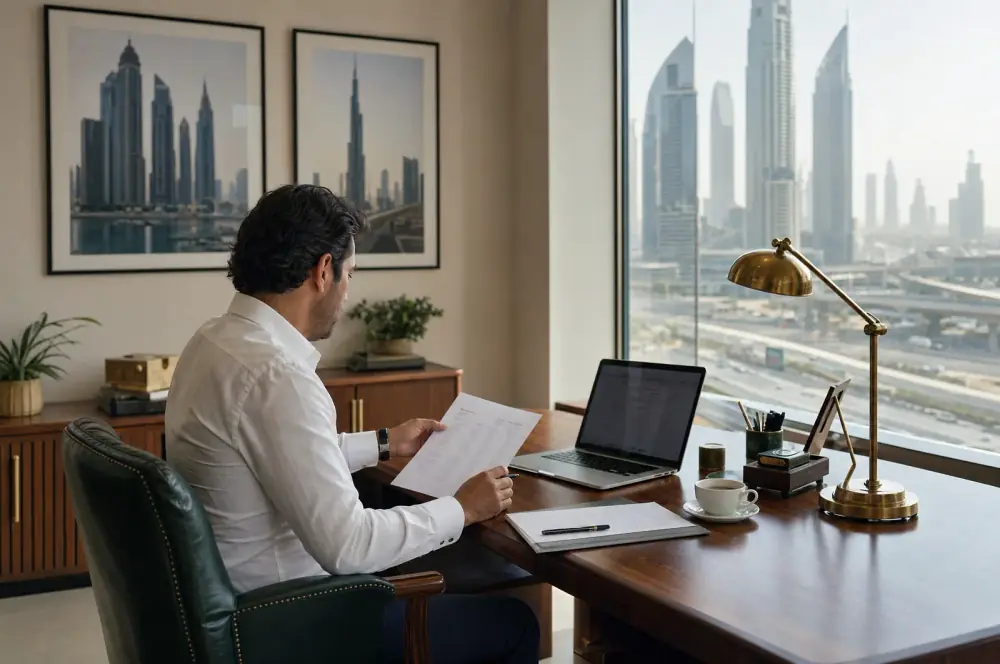 A brokerage owner reviews a commission statement in his office above Sheikh Zayed Road